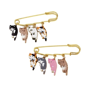 Creative alloy cat brooch set with colorful enamel cat pendants on gold safety pins