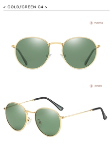 Detail view of gold metal frame polarized sunglasses with green lenses from multiple angles
