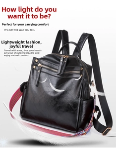 Detail of glossy black leather backpack featuring ethnic colorful woven wide shoulder straps