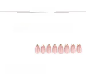 Macro view of almond press on nails with light pink base and metallic gold French tips