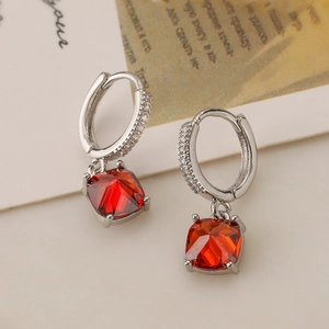 Exquisite silver hoop earrings with clear zircon and square red gemstone pendants