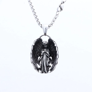 Vintage silver angel pendant necklace in stainless steel with retro praying design