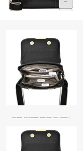 Détail de l'intérieur multi-compartiments et de la bandoulière tissée du sac noir chic