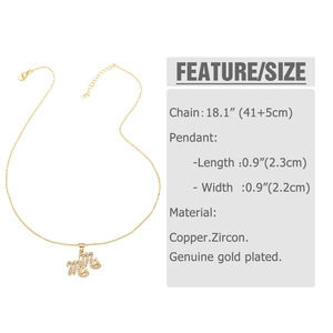 Detail showing gold plated MAMA letter pendant with cubic zirconia inlay and measurements