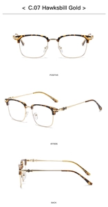Detailed views of tortoiseshell and gold semi-rimless frames with cross hinge accents