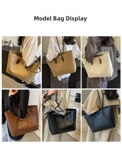 Multiple views of models wearing large tote bags in khaki, beige, and black colors