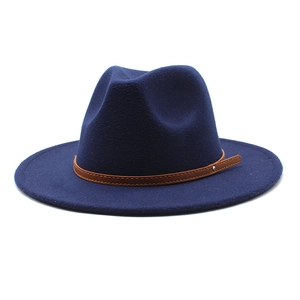 Dark blue wool jazz fedora hat with brown leather belt and metallic rivets detail