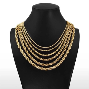 18K gold plated stainless steel rope chains in various thicknesses on a black bust