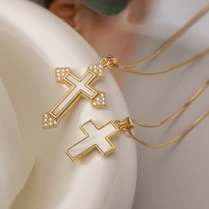 Cross Pendant Necklace 18K Gold Plated Copper White Shell Mother Of Artificial Pearl Zircon Elegant Minimalist Jewelry For Women