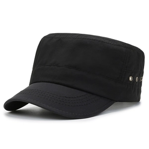 Men's outdoor breathable black flat top military sun hat with wide brim and side vents