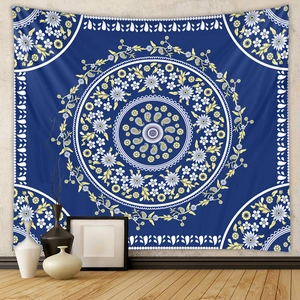 Navy Blue Mandala Wall Tapestry Polyester Floral Paisley Bohemian Hanging For Living Room Bedroom Dorm Home Decor