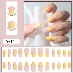 Long ballet press-on nails with yellow French tips and floral designs, model Y-111