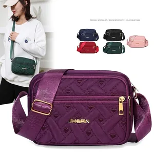 Women Crossbody Bag Oxford Cloth Quilted Heart Pattern Lightweight Multi Zipper Pockets Casual Shoulder Bag Wide Strap
