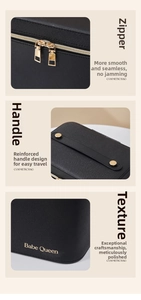 Detail of black cross-grain leather makeup bag with golden zippers and Babe Queen logo
