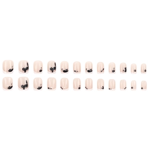 Short square press-on nails with cartoon black cat designs and French tips