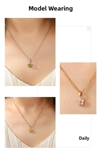 Three-way split view of models wearing gold and silver flower necklaces with zircon stones
