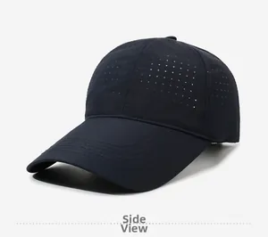 Side view of dark blue breathable quick-dry baseball cap with laser-cut ventilation holes