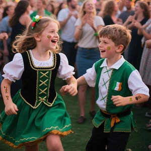 Children wearing St. Patrick's Day clover shamrock temporary tattoos and green festival outfits