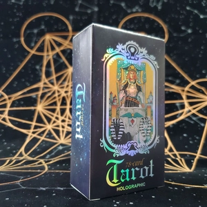 Detailed holographic 78 tarot cards set displayed on a mystical star map background