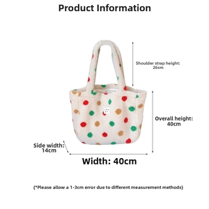 Detailed size chart of the plush polka dot tote bag with specific dimensions provided