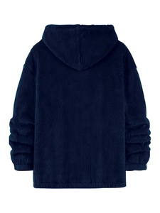 Back view of heavy navy blue fleece hoodie with drawstring hood and elasticated hem
