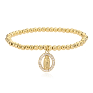 Goldenes Kugelarmband mit Zirkonia-Anhänger Jungfrau Maria auf weißem Hintergrund