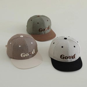 Kids Baseball Cap Striped Corduroy Bear Embroidery Contrast Flat Brim Outdoor Hip Hop Sun Hat For Boys Girls