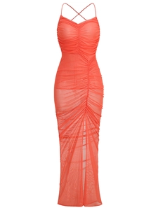 Elegant bright orange mesh ruched camisole dress with criss-cross straps and slit hem