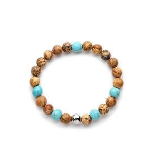 Bracelet en perles d'œil de tigre et turquoise avec accent en métal argenté poli