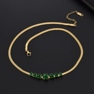 Elegant gold titanium steel flat snake chain necklace with rectangular green gemstones