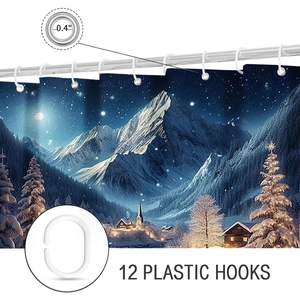 Detail of 12 plastic hooks and metal grommet of a snowy mountain winter bath curtain