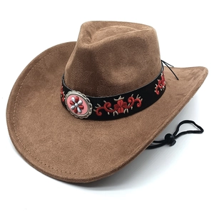 Western Cowboy Hat Faux Suede Wide Brim Ethnic Embroidery Band Floral Metal Concho Retro Style Adjustable Wind Cord