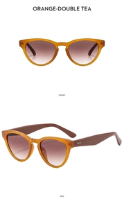 Front and side views of orange cat-eye sunglasses with tea gradient lenses and resin frame
