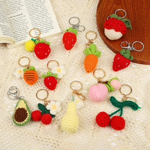 Handmade Crochet Fruit Keychain Woolen Yarn Strawberry Avocado Carrot Bag Charm Key Ring For Women Lovers Creative Gift