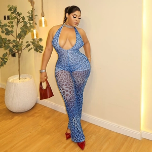 Detail of blue leopard print halter neck bodysuit with a deep V-neckline and sheer fabric