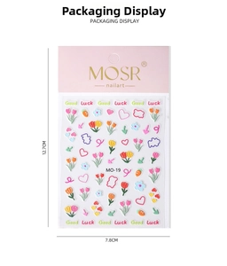 Detailed size view of 5D floral and rabbit embossed nail art stickers measuring 7.8x12.7cm
