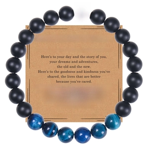 Bracelet En Perles De Pierre D'Oeil De Tigre Bleu Et Noir Mat Avec Carte D'Anniversaire Bijoux Élastiques Faits Main