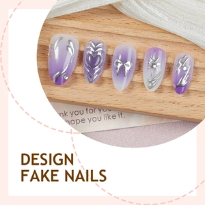 Y2K purple gradient press-on nails with silver heart and star patterns and 3D rhinestones