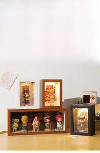 Wooden display box for figures with integrated warm LED light and transparent panel