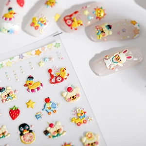 3D embossed nail stickers with yellow ducks, rabbits, and stars for DIY manicure decoration