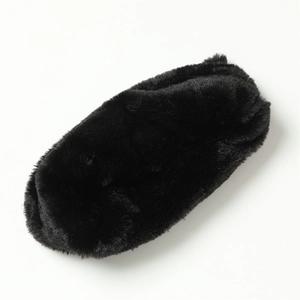 Close-up of fluffy black faux rabbit fur neck warmer with soft plush texture