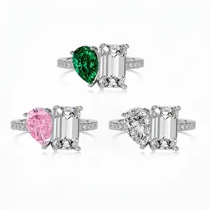 Toi Et Moi Ring 925 Sterling Silver Emerald And Pear Cut Cubic Zirconia Double Stone Wedding Jewelry For Women