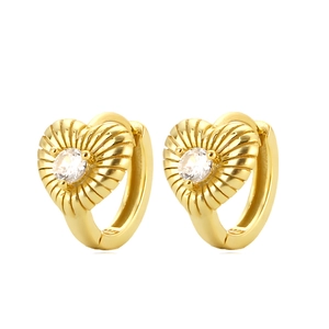 Elegant gold heart earrings with vertical ridges and sparkling center zircon crystal