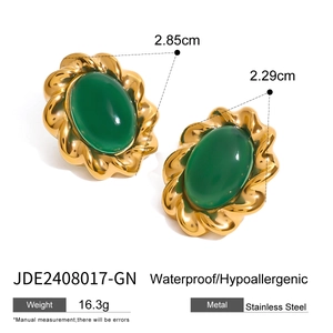 Vintage stainless steel gold earrings with green oval gemstone in a textured weave design