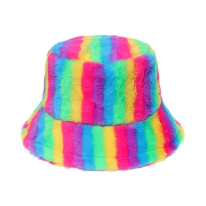 Rainbow striped faux rabbit fur bucket hat with soft plush texture for winter warmth