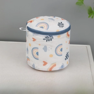 Macro detail of cylindrical 16x16cm bra laundry bag with rainbow print and blue zipper