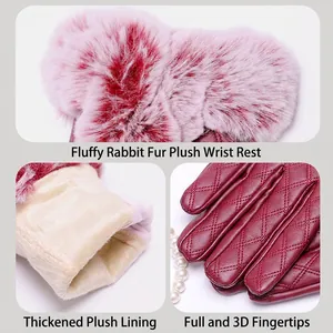 Women's burgundy PU leather gloves with plush faux rabbit fur trim and thermal lining