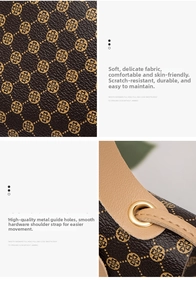 Détail du motif monogramme trèfle sur similicuir marron et ferrures dorées en métal