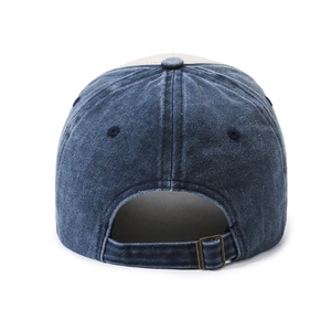 Navy denim and cream patchwork baseball cap with adjustable antique brass buckle back