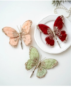 Three velvet butterfly clips with gold glitter and white beads for Christmas tree decor
